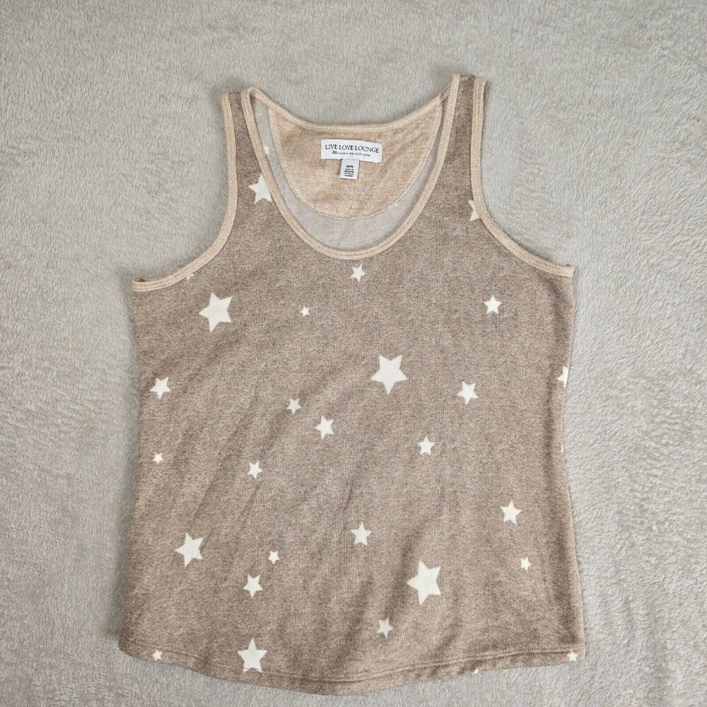 Live Love Lounge Pajamas Tank Womens Size Medium Tan Stars Soft Cozy Neutral